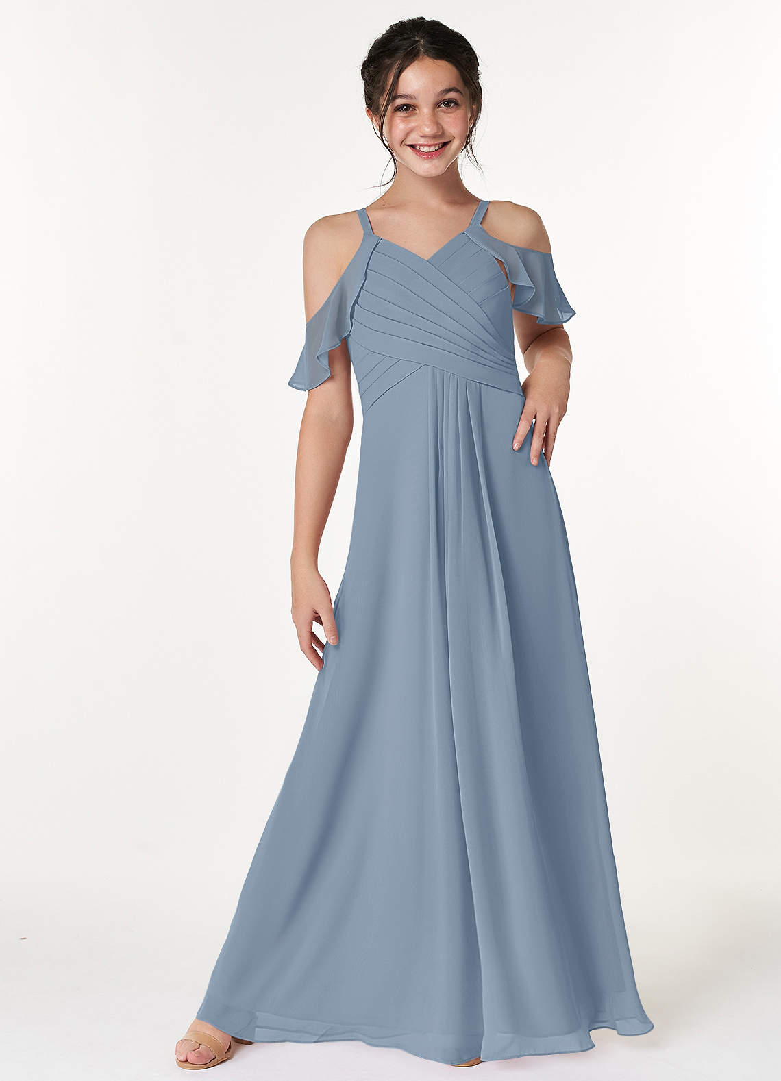 Azazie Dakota Junior Dusty Blue A-Line Off the Shoulder Chiffon Dress image1