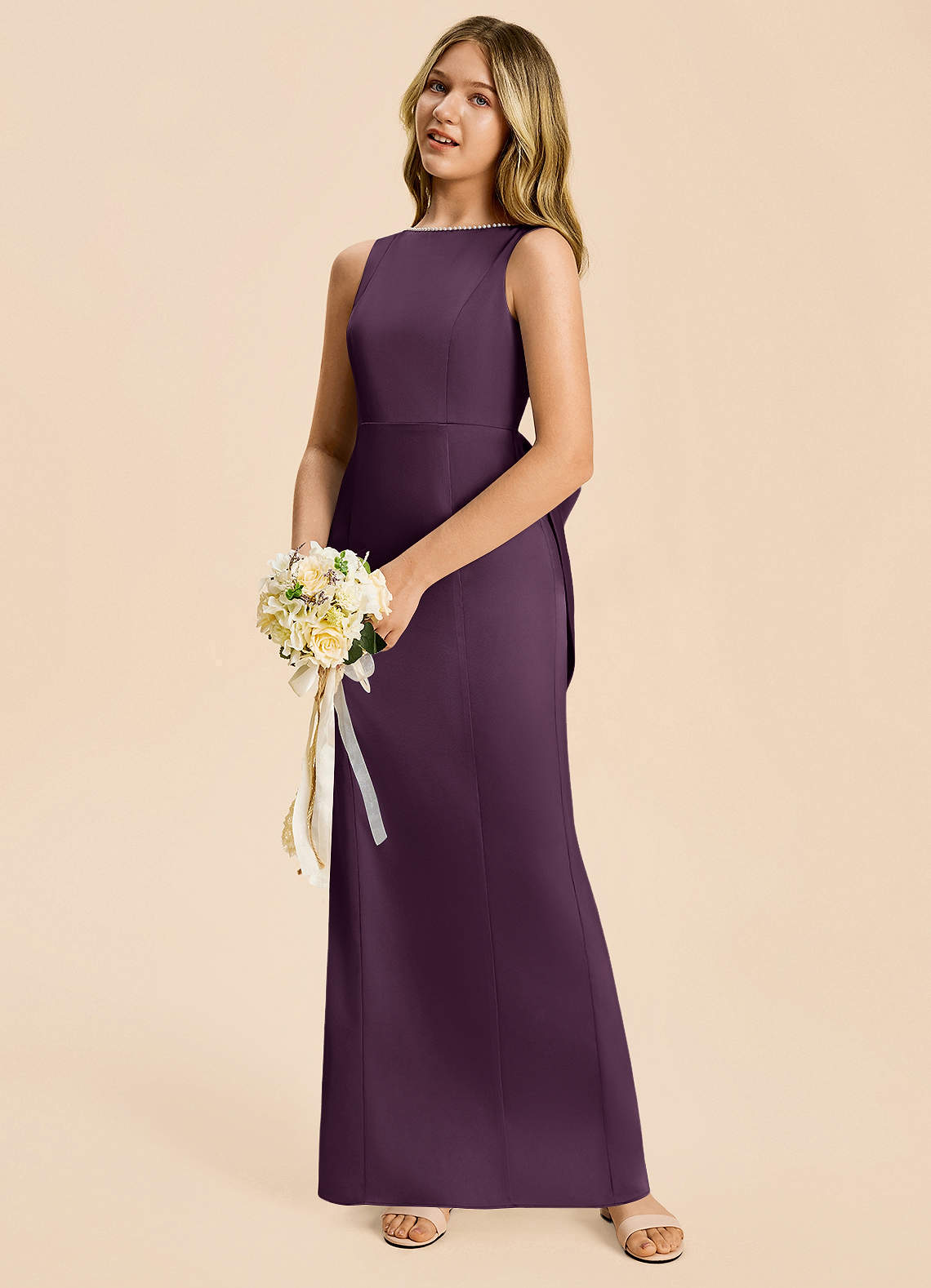 Azazie Emi Junior Plum Sheath Bow Stretch Satin Dress image1