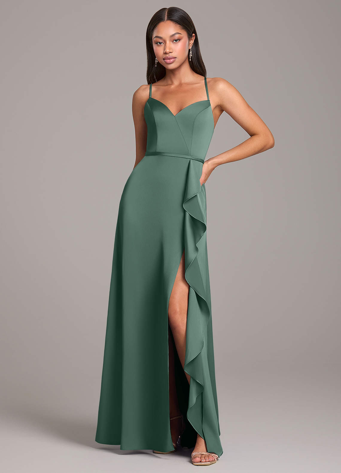 Azazie Naeem Bridesmaid Dresses Eucalyptus A-Line Stretch Satin Dress image1