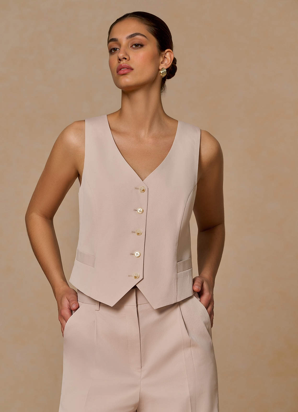 front Margaret Bronceado Chaleco de mezcla de algodón y lino