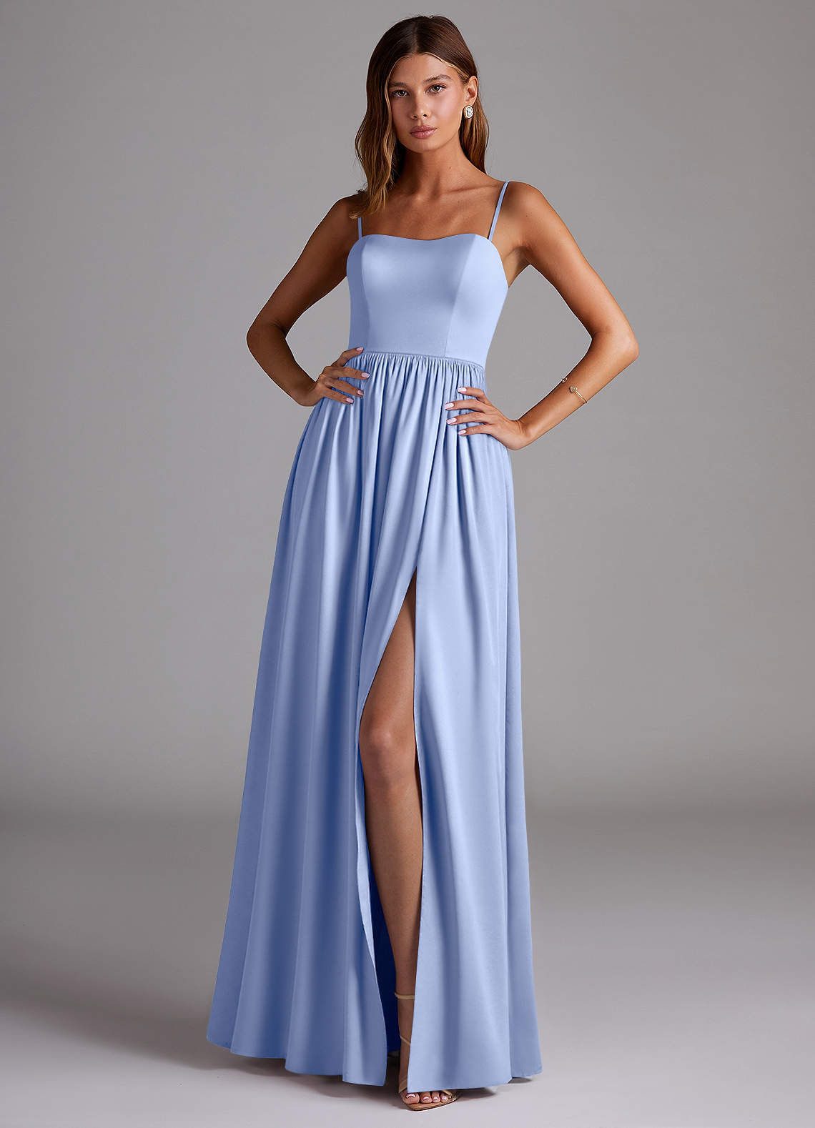 Azazie Calianna Bridesmaid Dresses Ice A-Line Off the Shoulder Stretch Satin Convertible Dress image1