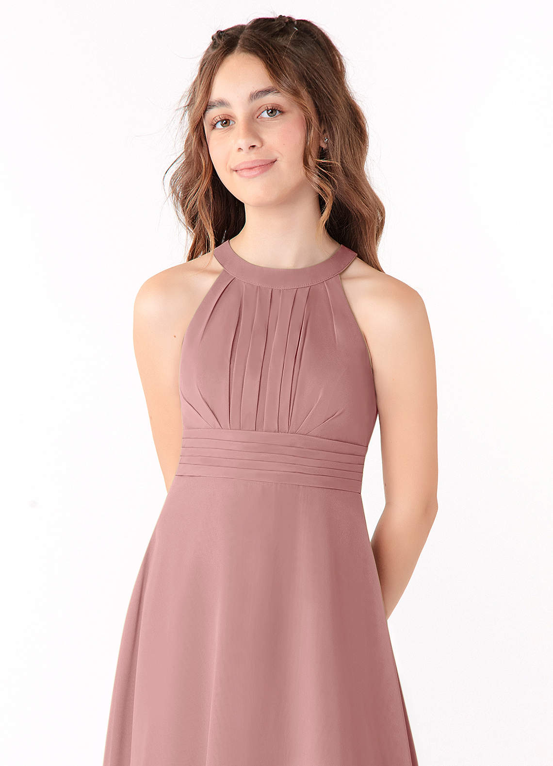 Azazie Linna Junior Vestido de Rosa Polvorienta de Gasa de Corte En A con Plisado image3