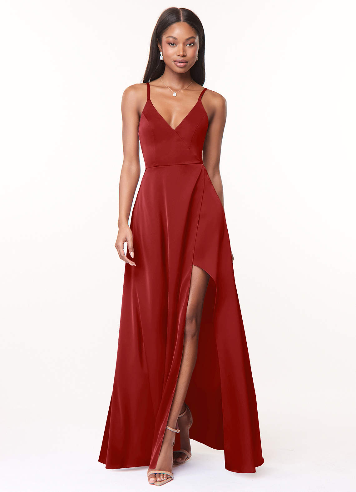 Azazie Maksim Robes de demoiselle d'honneur Robe Trapèze en Satin extensible Col en V Grenade image1