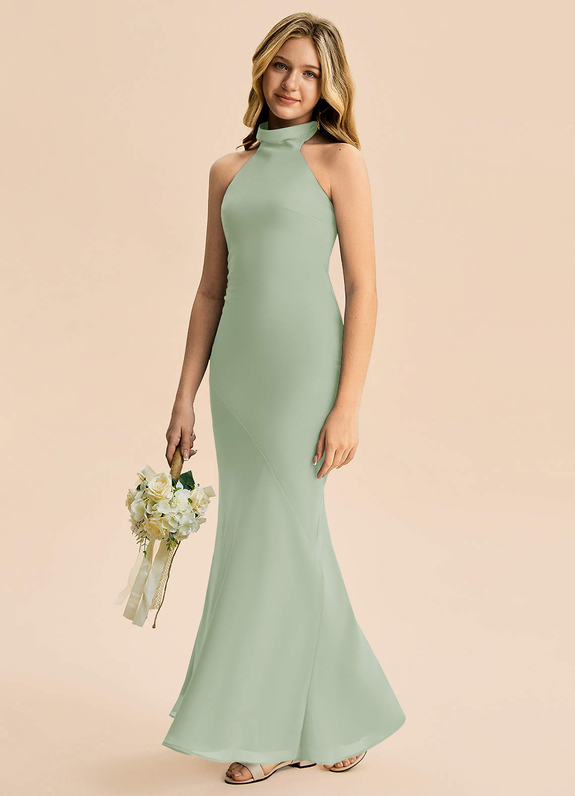 Azazie Velli Junior Dusty Sage Mermaid High Neck Chiffon Dress image3