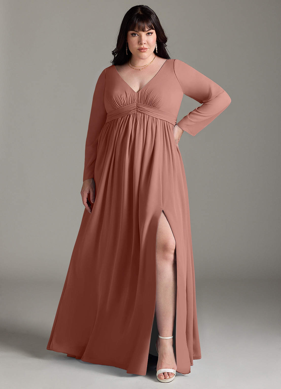 Azazie Teton Zwangerschaps Bruidsmeisjekleding A-Lijn Lange mouw Chiffon Vloerlengte Jurk image1