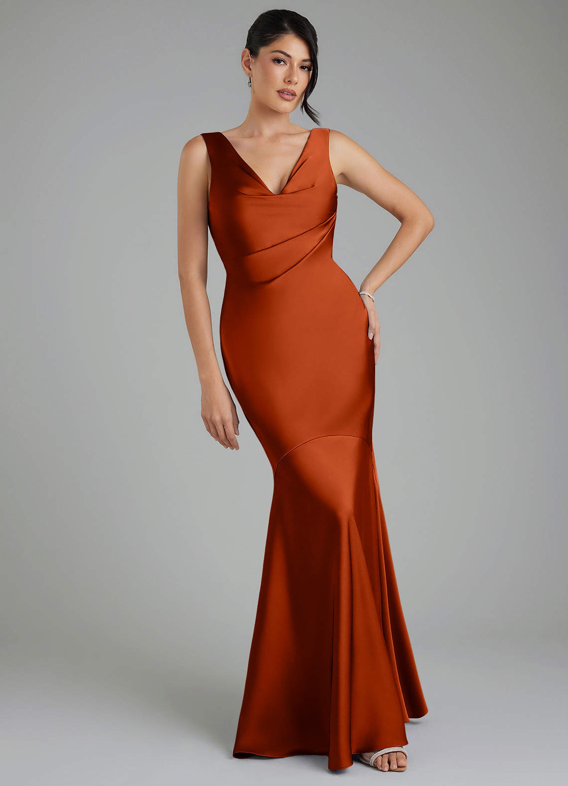 monica bridesmaid dresses Azazie Paprika Stretch Satin women's dress DEVIL FASHION location_shoes line skirt and leg Size:Plus Size Floor