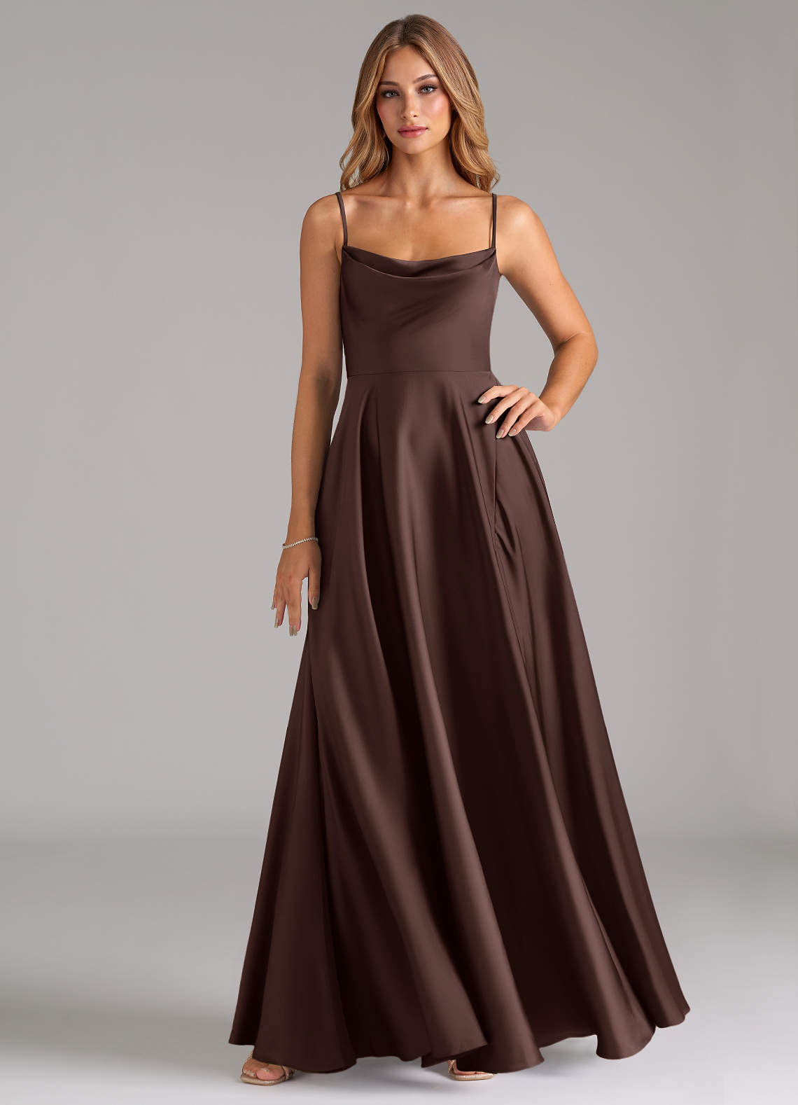 Azazie Elle Bridesmaid Dresses Ganache A-Line Pleated Stretch Satin Dress image1