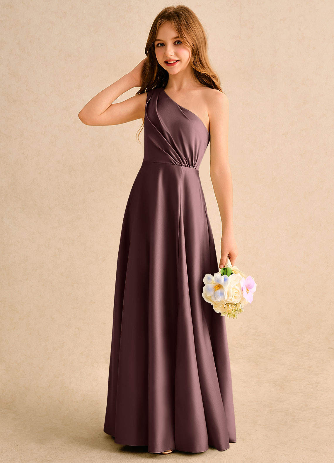 Azazie Puddles Girls Formal Flower Girl Dresses Espresso A-Line One Shoulder Matte Satin Dress image5