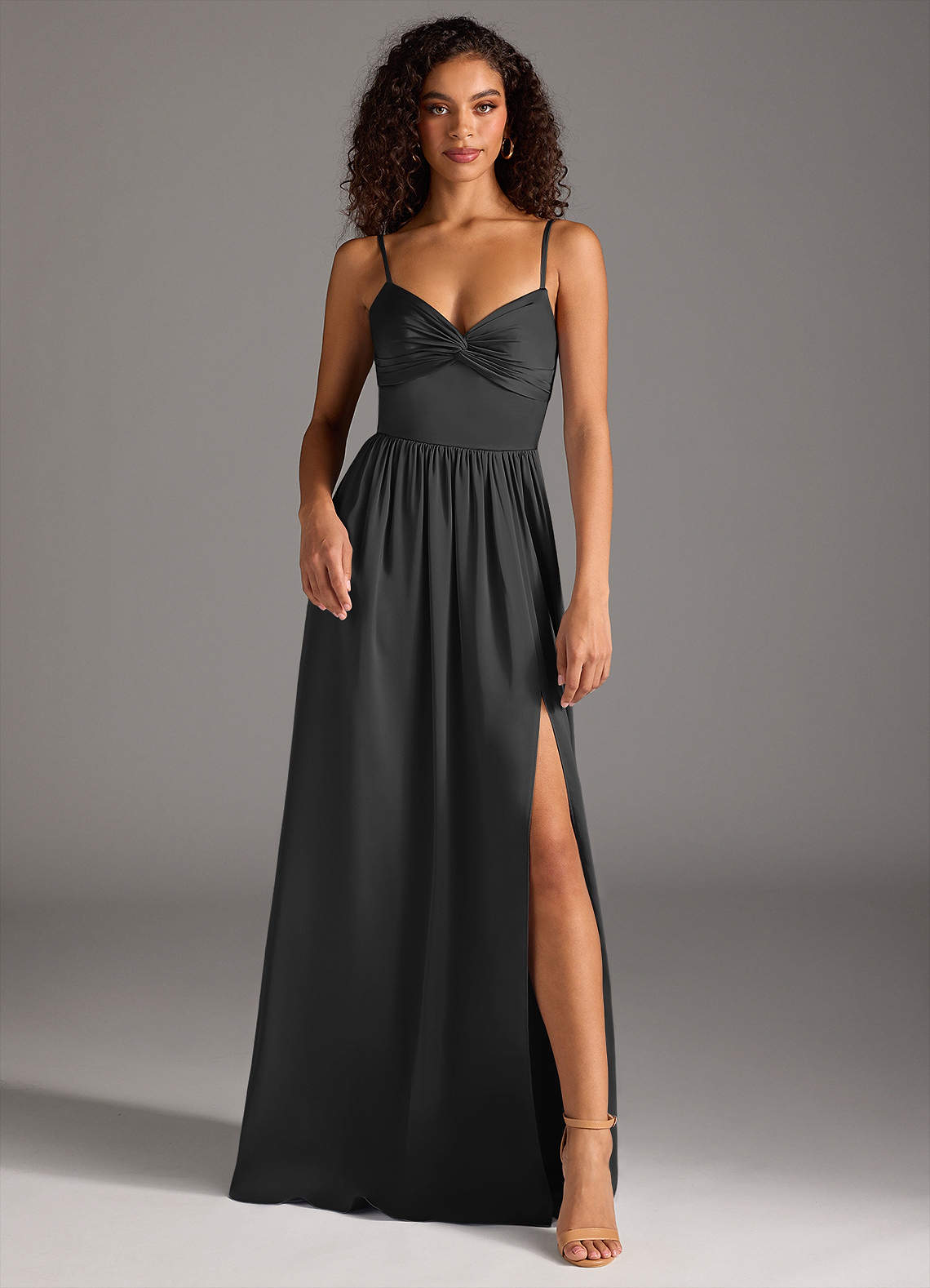 Azazie Zeya Bridesmaid Dresses Black A-Line Pleated Stretch Satin Dress image1
