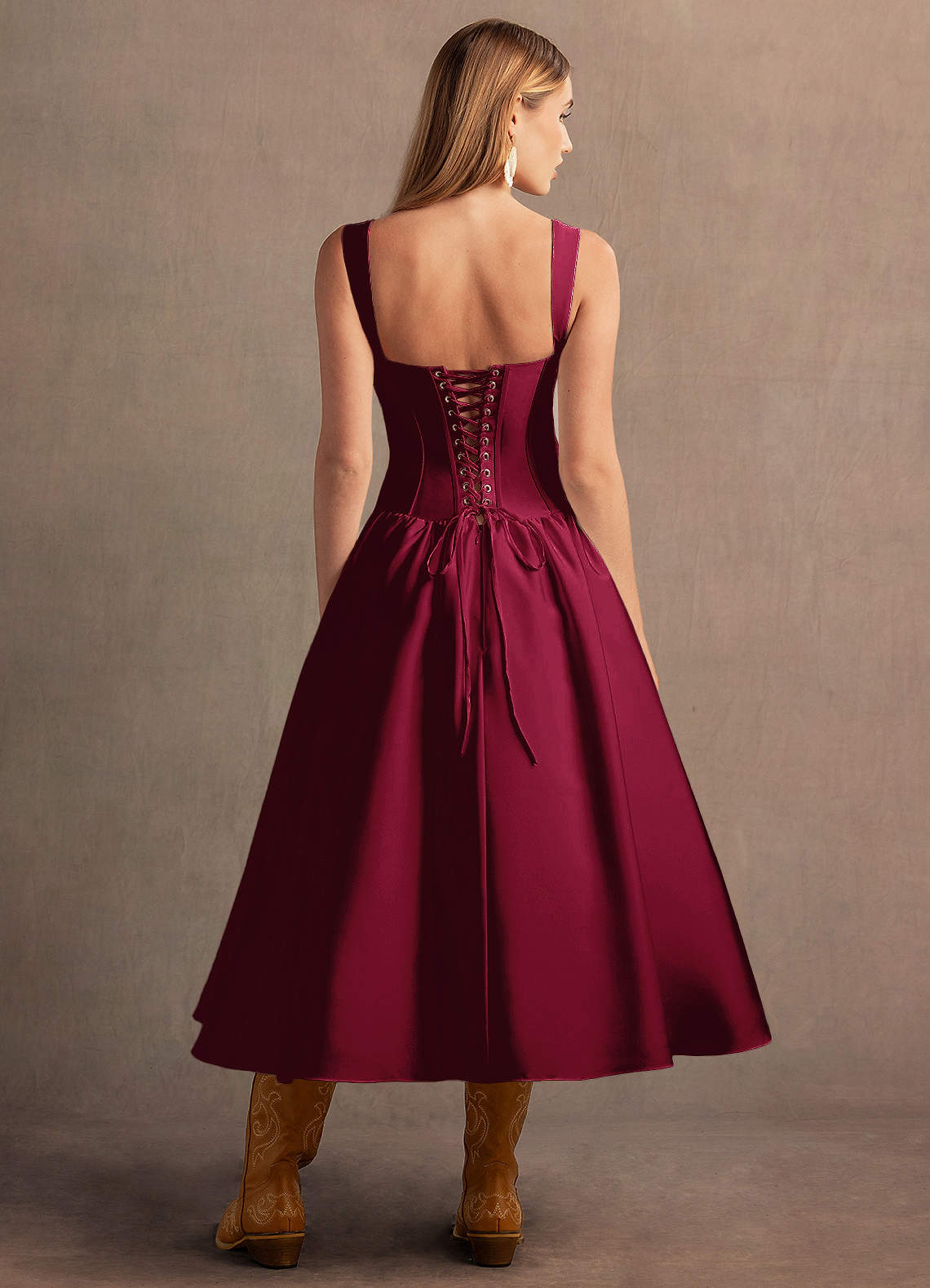 Arwen Merlot Dropped Waist Midi Dress | Azazie