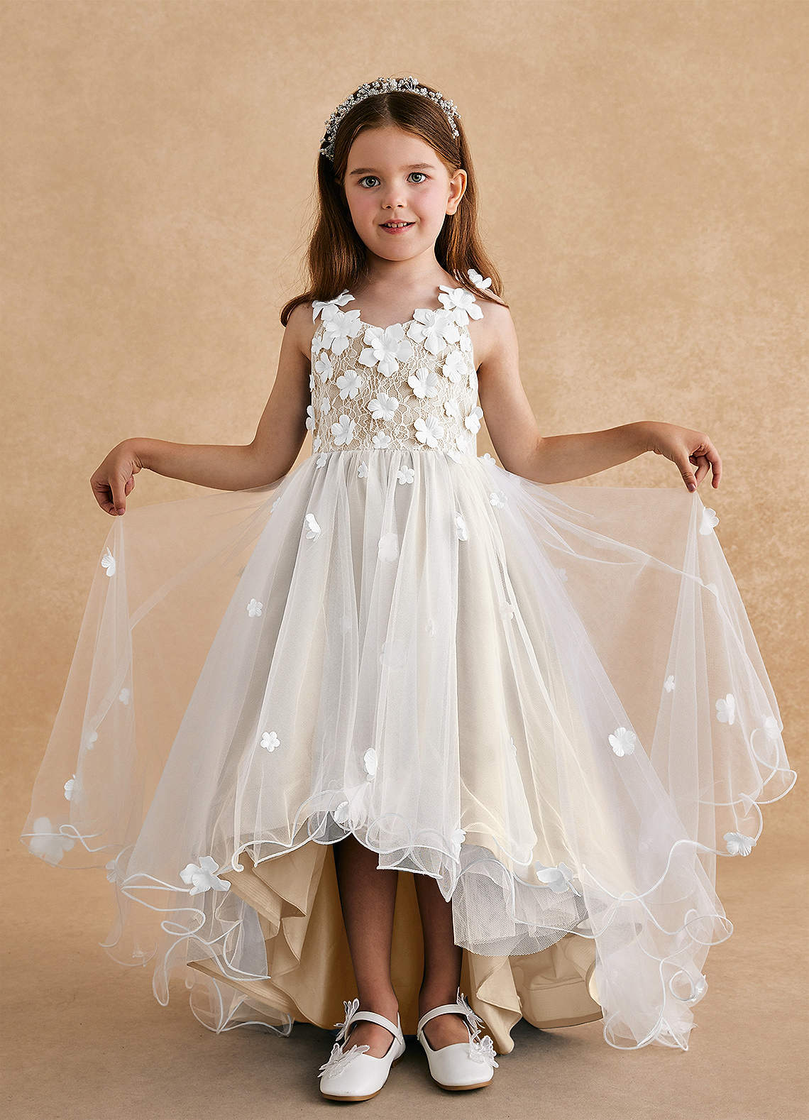 Azazie Celia Flower Girl Dresses Champagne A-Line Lace Tulle Dress image2