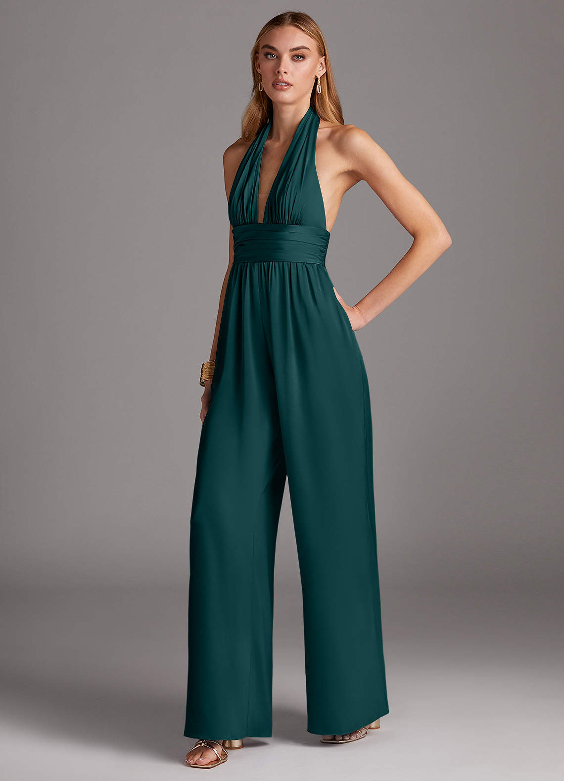 Azazie Oli Bridesmaid Dresses Pine Pleated Stretch Satin Jumpsuit image1