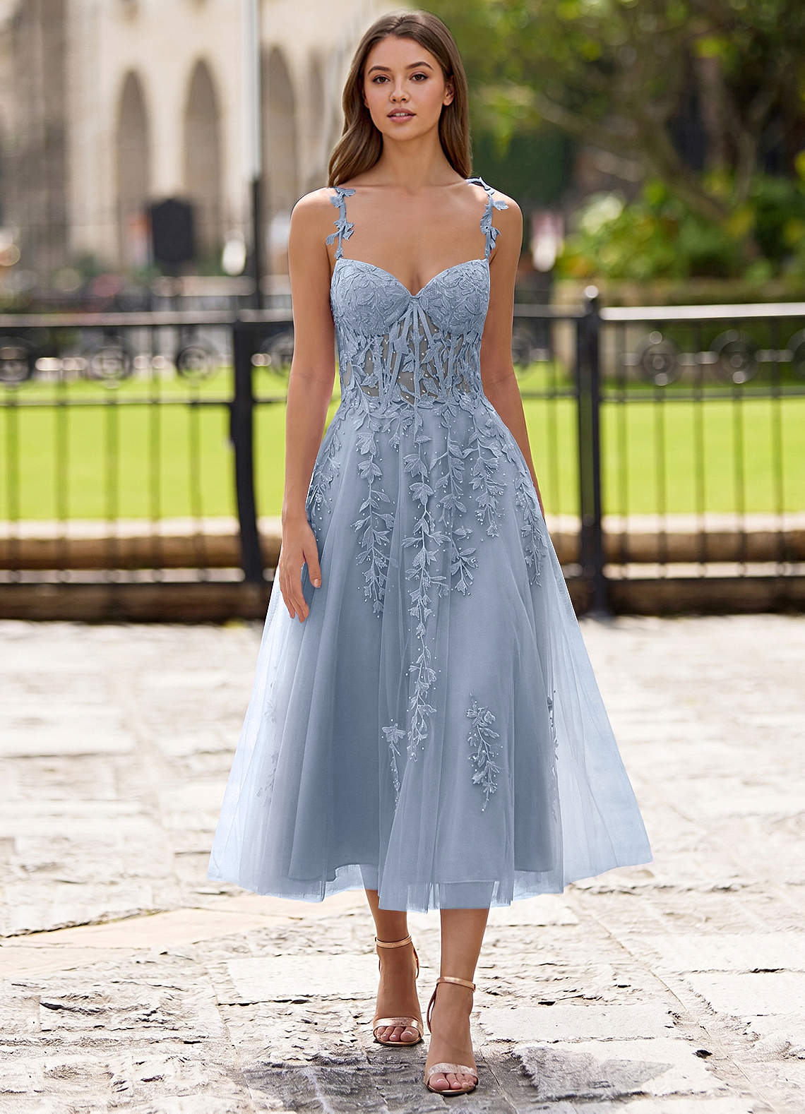 Zosia Dusty Blue Lace A-line Lace Up Back Midi Dress | Azazie