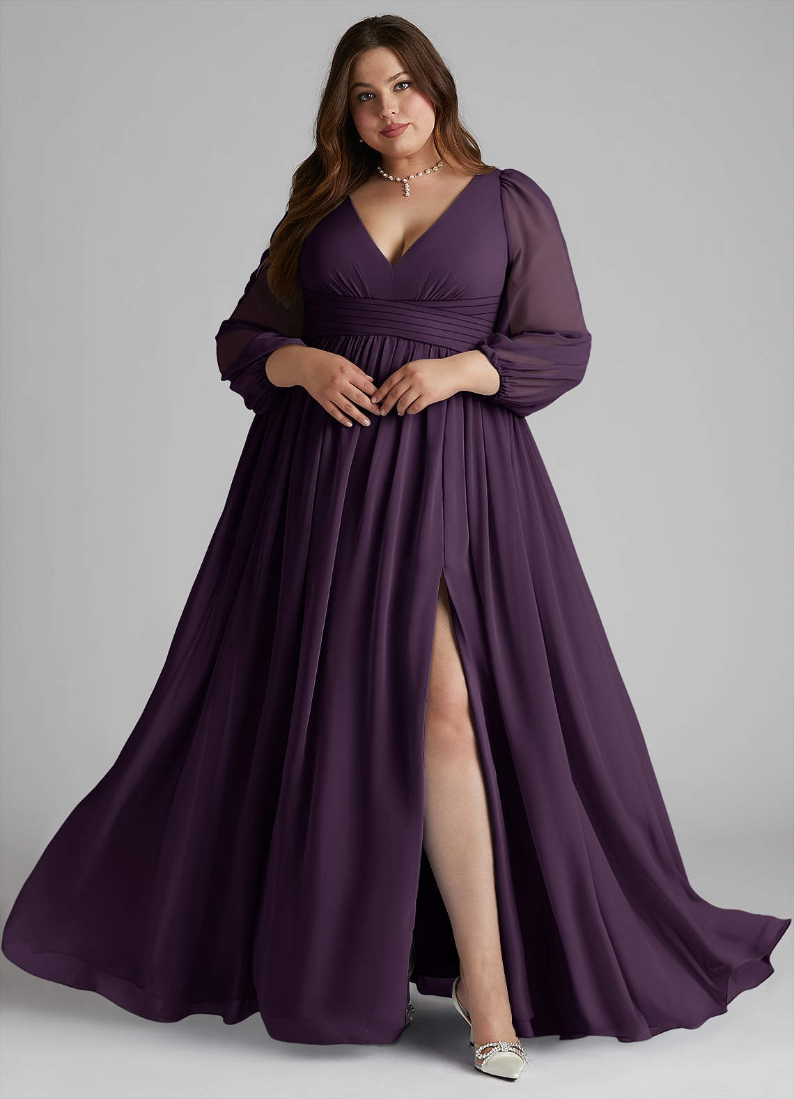 Azazie Plum Floor Length top Dress W Partically Open Lace Back