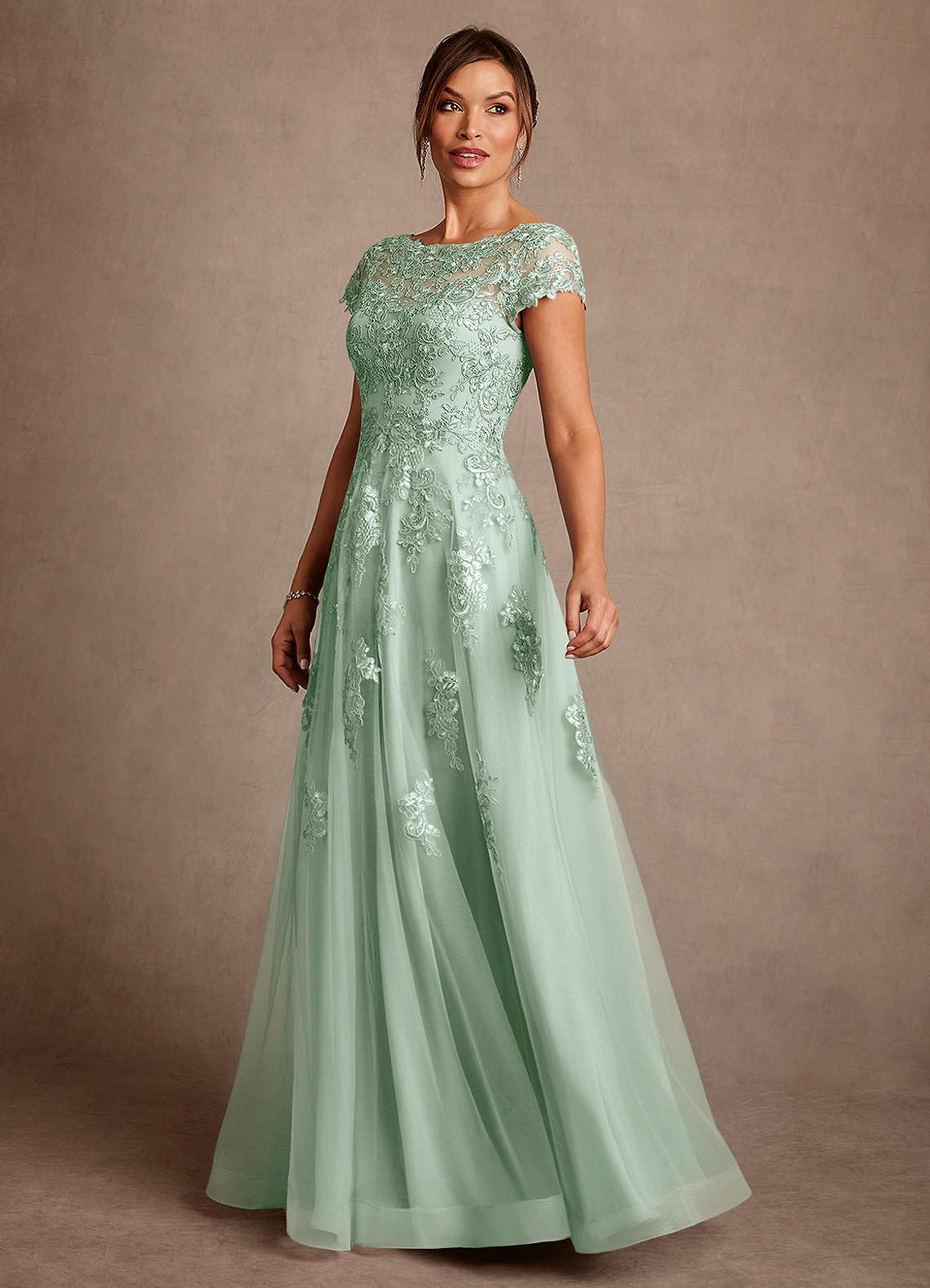 Azazie Jalinda At-home Try On Dresses Agave A-Line Lace Chiffon Dress image3