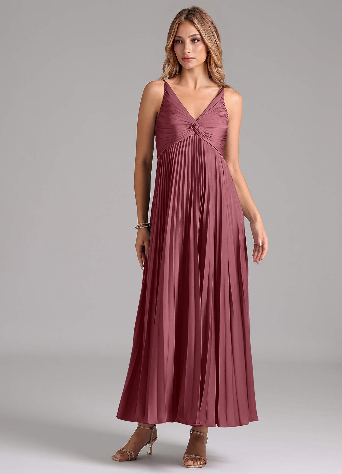 Azazie Raychelle Bridesmaid Dresses Desert Rose A-Line Pleated Stretch Satin Dress image1