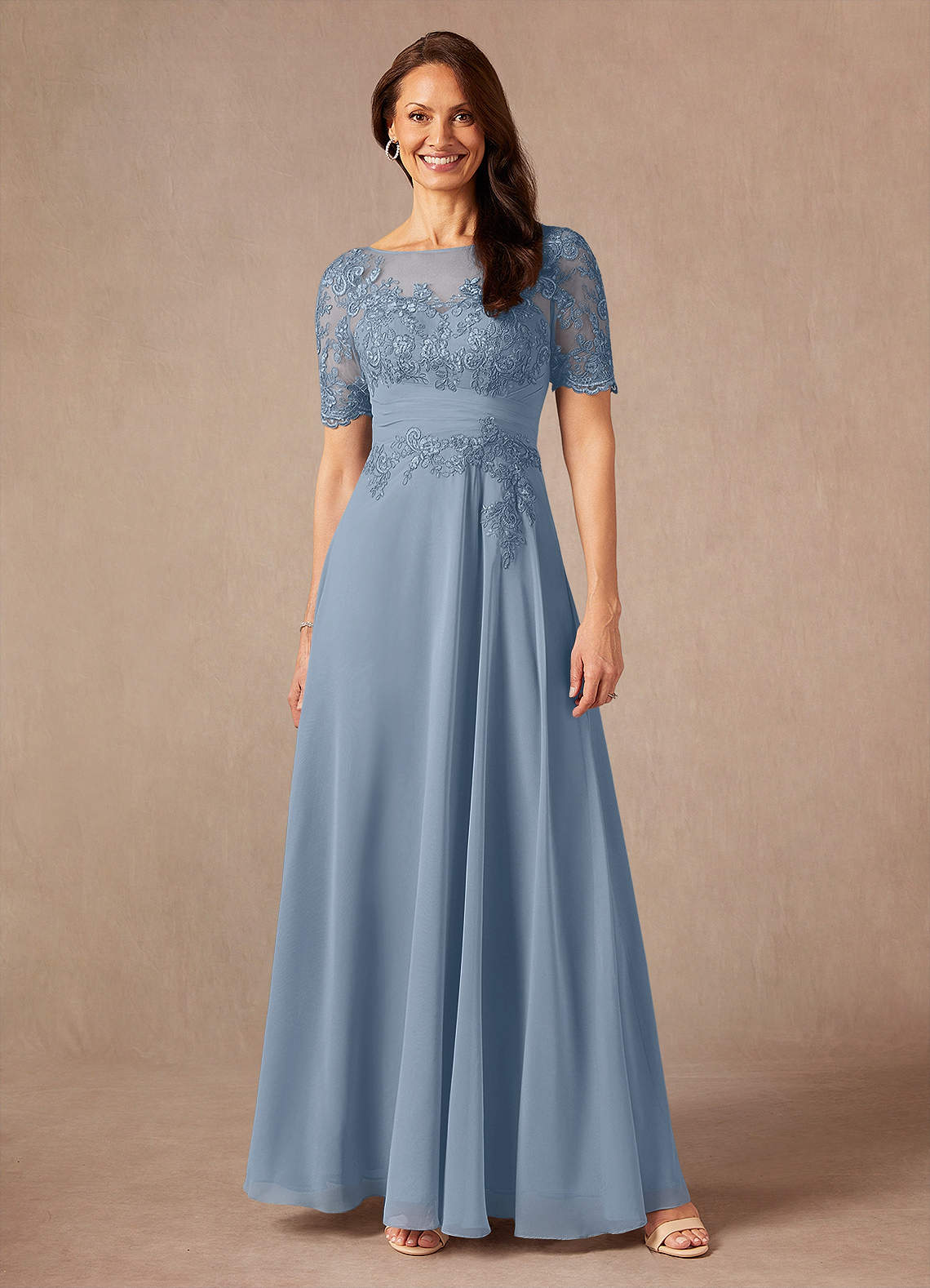 Azazie Raissa Mother of the Bride Dresses Dusty Blue A-Line Lace Chiffon Dress image1