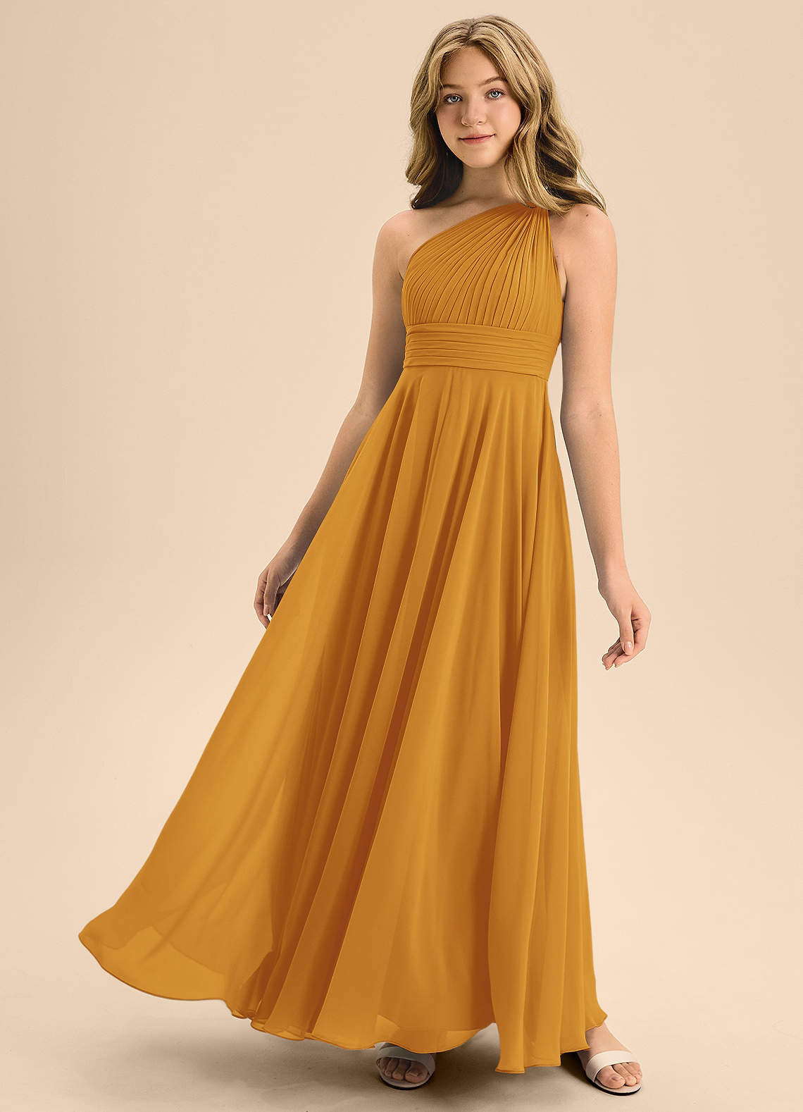 Azazie Charlize Junior A-Linie Plissee Chiffon Kleid Butterscotch image1