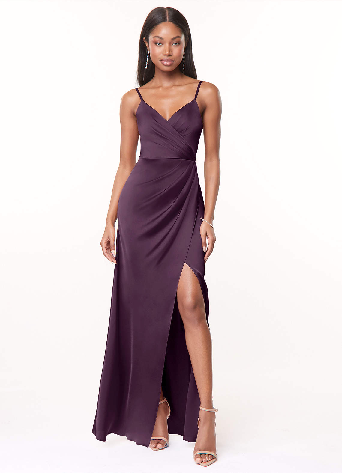 Azazie Plus Size A-Line V-Neck Floor-Length Stretch Satin Bridesmaid Dresses - Plum Azazie Maci Plum Bridesmaid Dresses | Azazie