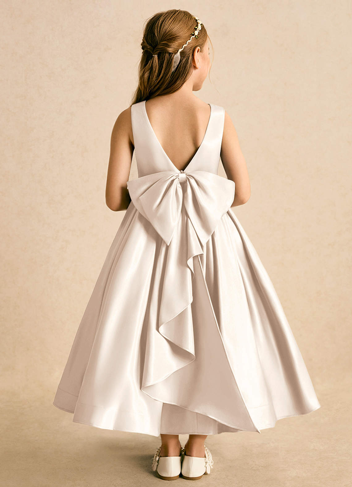 Azazie Cailee Flower Girl Dresses White Alabaster Ball-Gown Pleated Matte Satin Dress image1