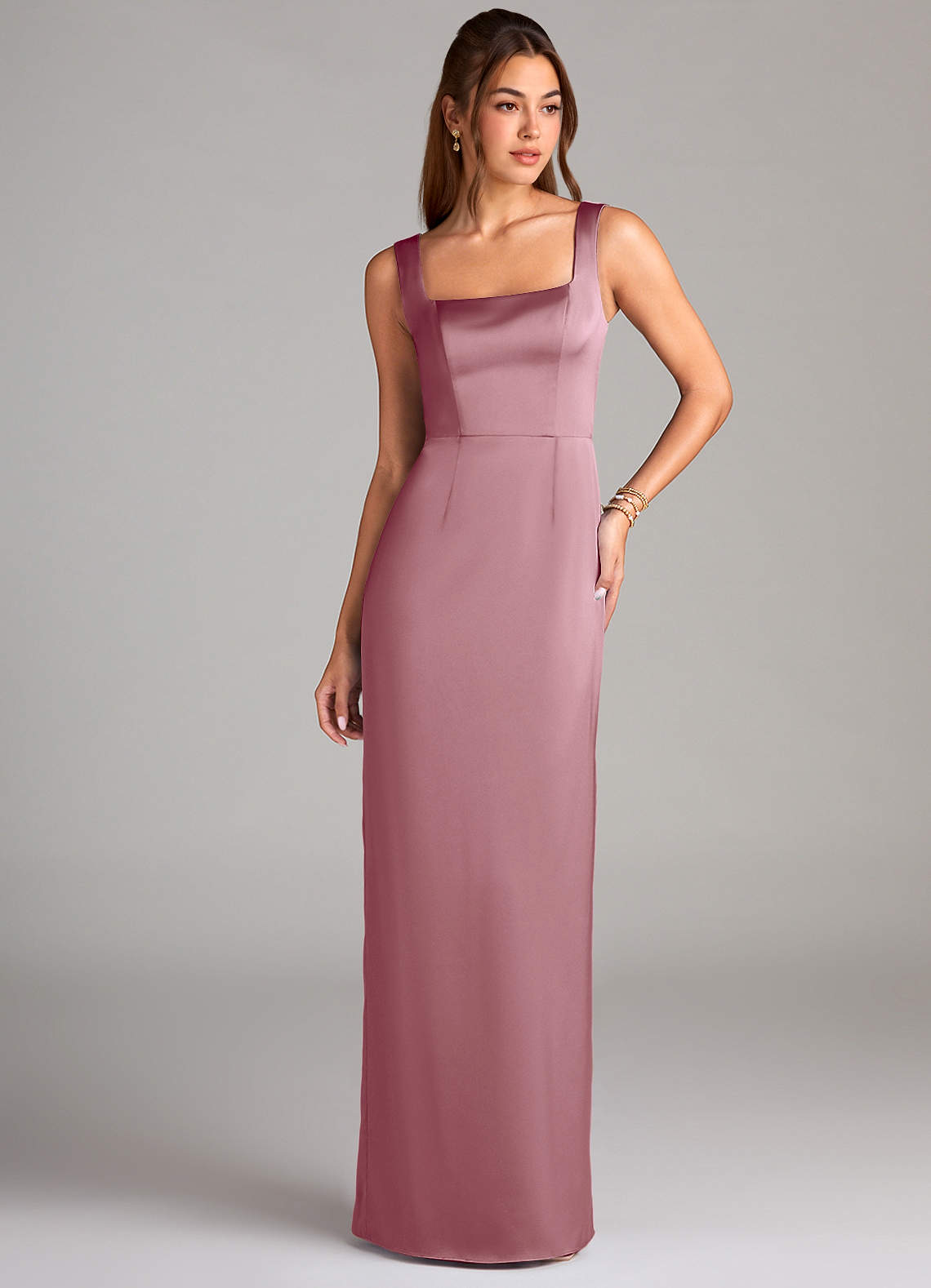 Azazie Flori Bridesmaid Dresses Vintage Mauve Sheath Side Slit Stretch Satin Dress image1