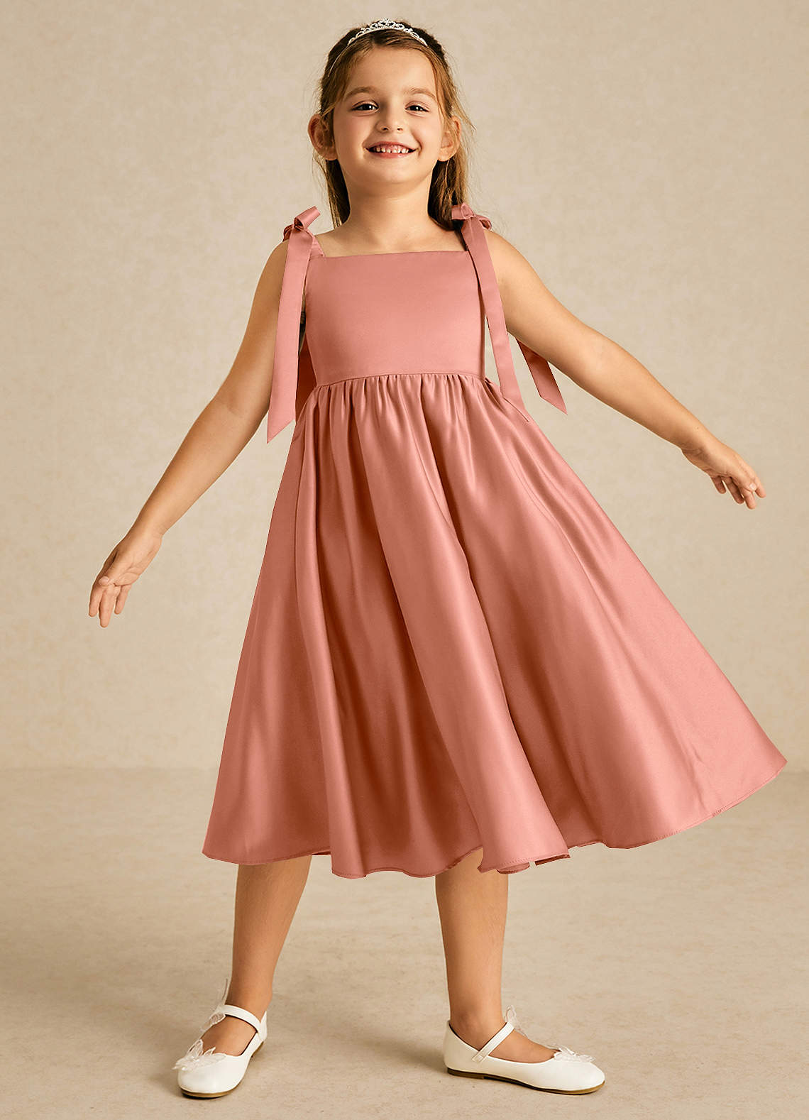 Azazie Chelsie Flower Girl Dresses MAI TAI A-Line Bow Matte Satin Dress image1