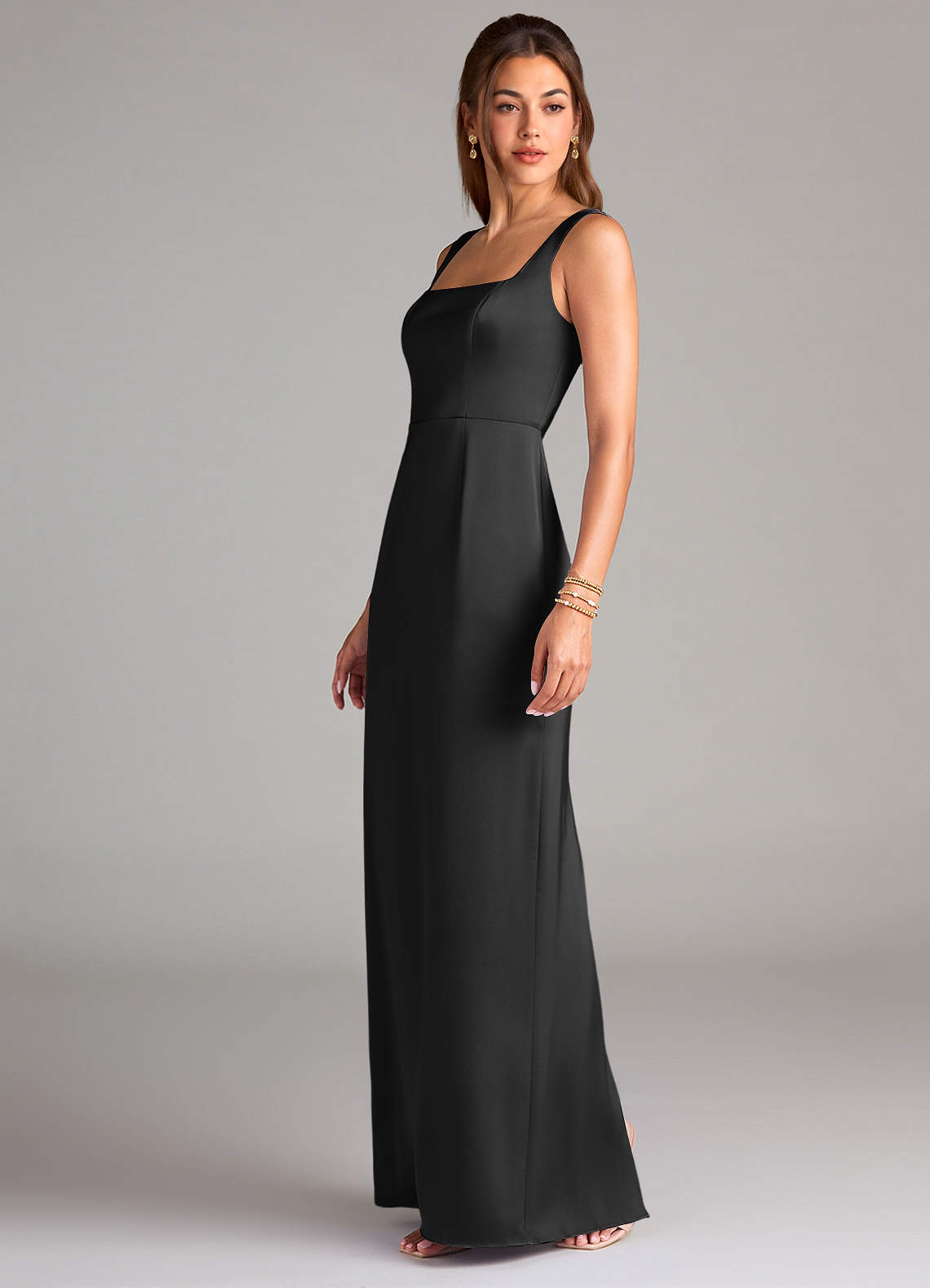 Azazie Sheath Square Neck Floor-Length Stretch Satin Bridesmaid Dresses - Black
