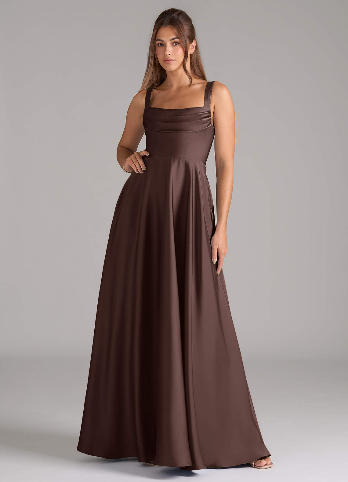 Azazie Shaude Bridesmaid Dresses Ganache A-Line Pleated Stretch Satin Dress image1