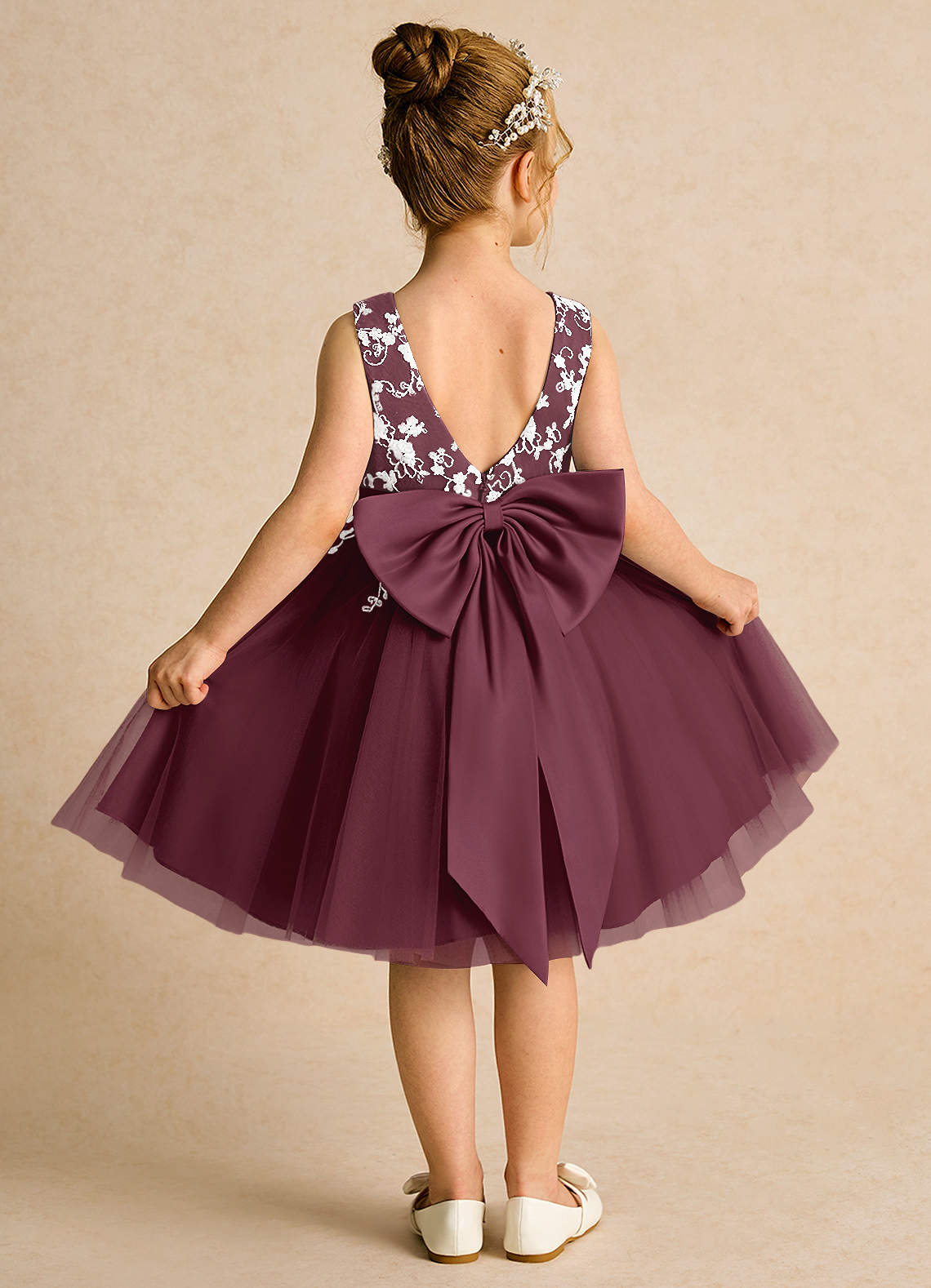 Azazie Butterfly Flower Girl Dresses Cabernet A-Line Lace Dress image1