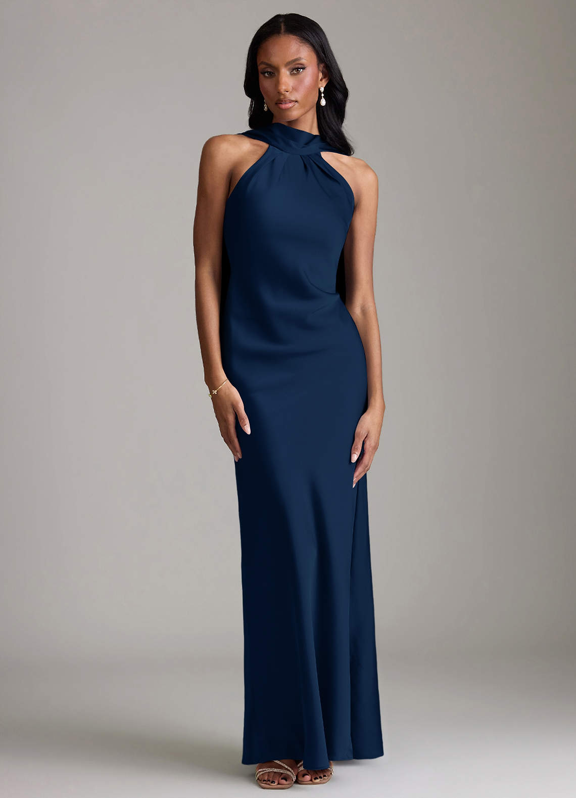 navy blue halter homecoming dress Azazie Cassiana Ready to Ship Dark Stretch Satin Bridesmaid Dresses short halter neck dress