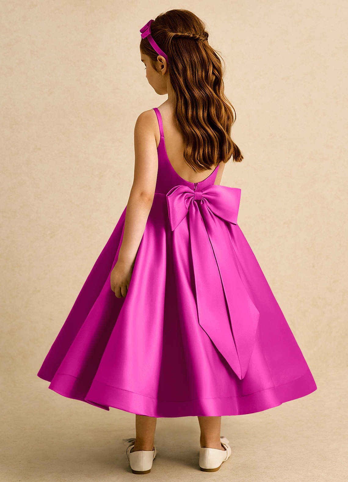 Azazie Babs Blumenmädchenkleider Ballkleid Plissee Matte Satin Kleid Fuchsia image1