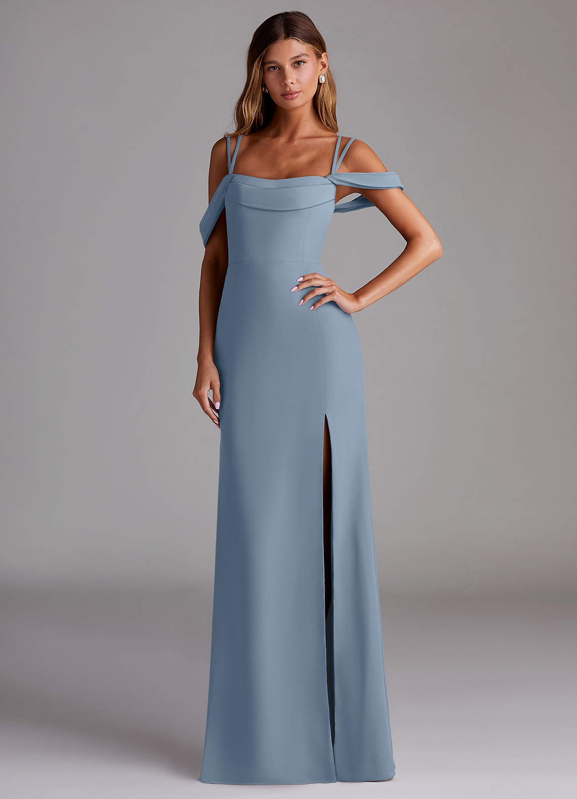 Azazie Callan Jurken voor bruidsmeisjes Converteerbaar Jurk van Chiffon met Zeemeermin Geplooid Stoffig Blauw image1