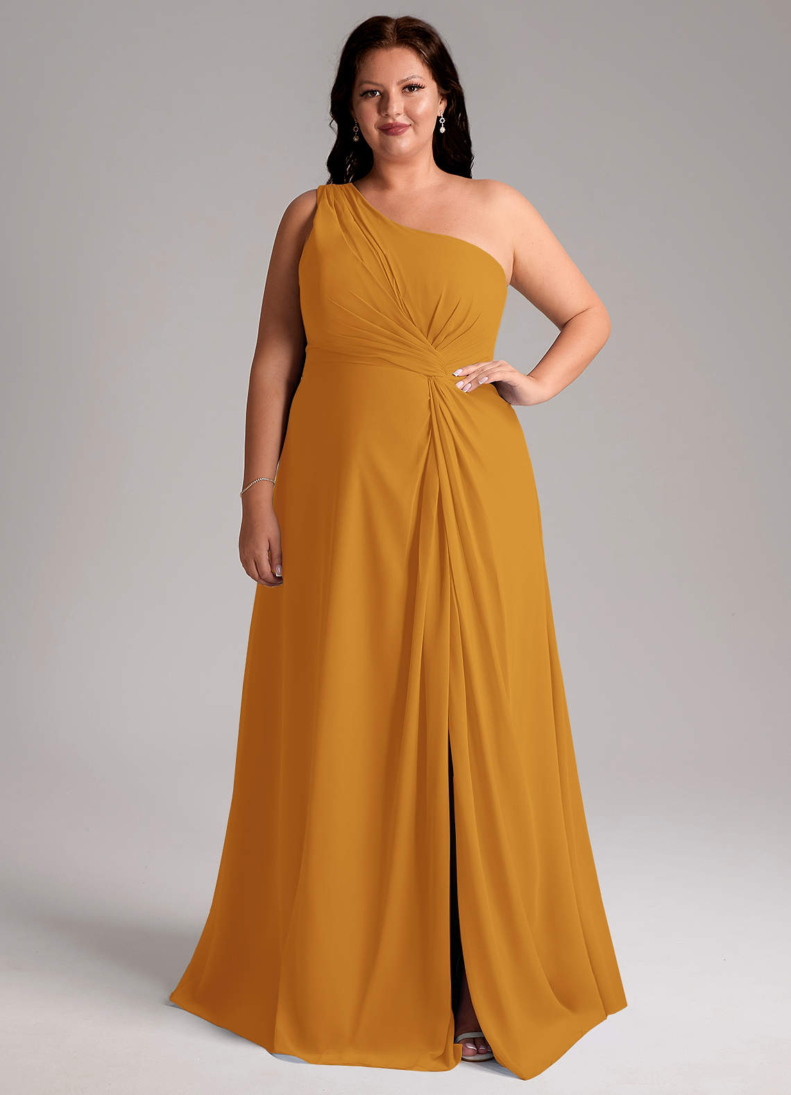 Azazie Brooke Bridesmaid Dresses Butterscotch A-Line One Shoulder Chiffon Dress image1