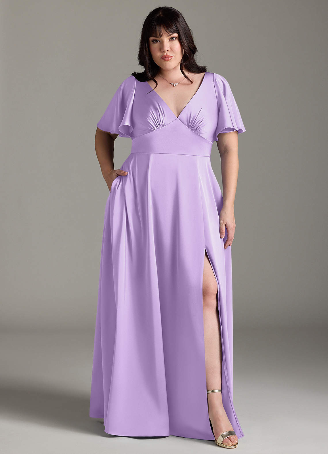 Azazie Kimber Bridesmaid Dresses Lilac A-Line Ruched Stretch Satin Dress image1