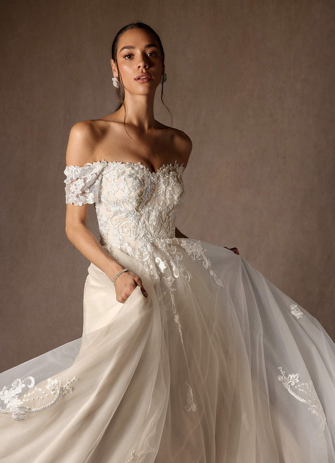 Azazie Rowe Wedding Dresses Diamond White Champagne Ball-Gown Off the Shoulder Tulle Dress image7