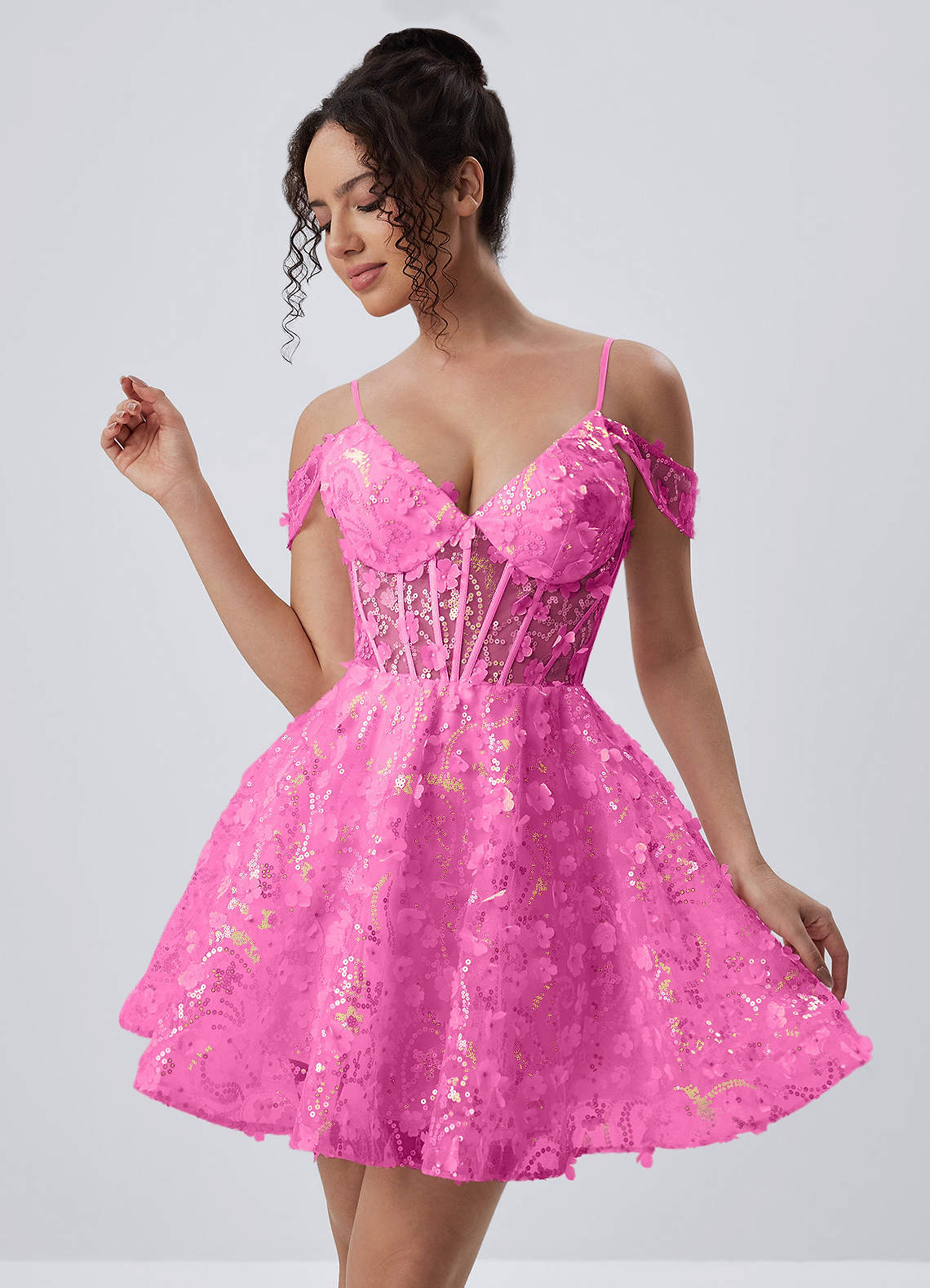 Kaelaniora Fuchsia Sequin Embroidery 3D Flowers Tulle Corset Mini Dress