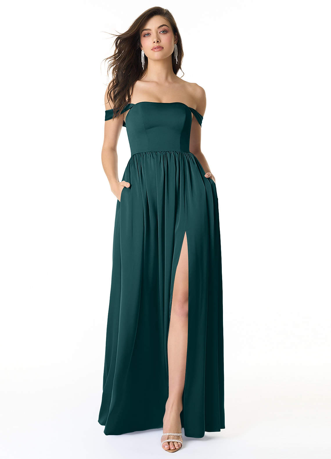 Azazie Morana Brautjungfernkleider Wandelbar A-Linie Schulterfrei Stretch-Satin Kleid Kiefer image1