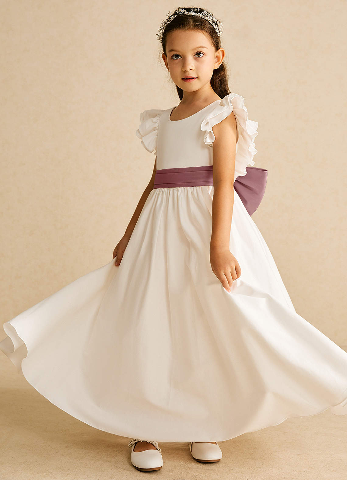 Azazie Aero Flower Girl Dresses Ivory Dusty Rose A-Line Pleated Cotton Dress image1