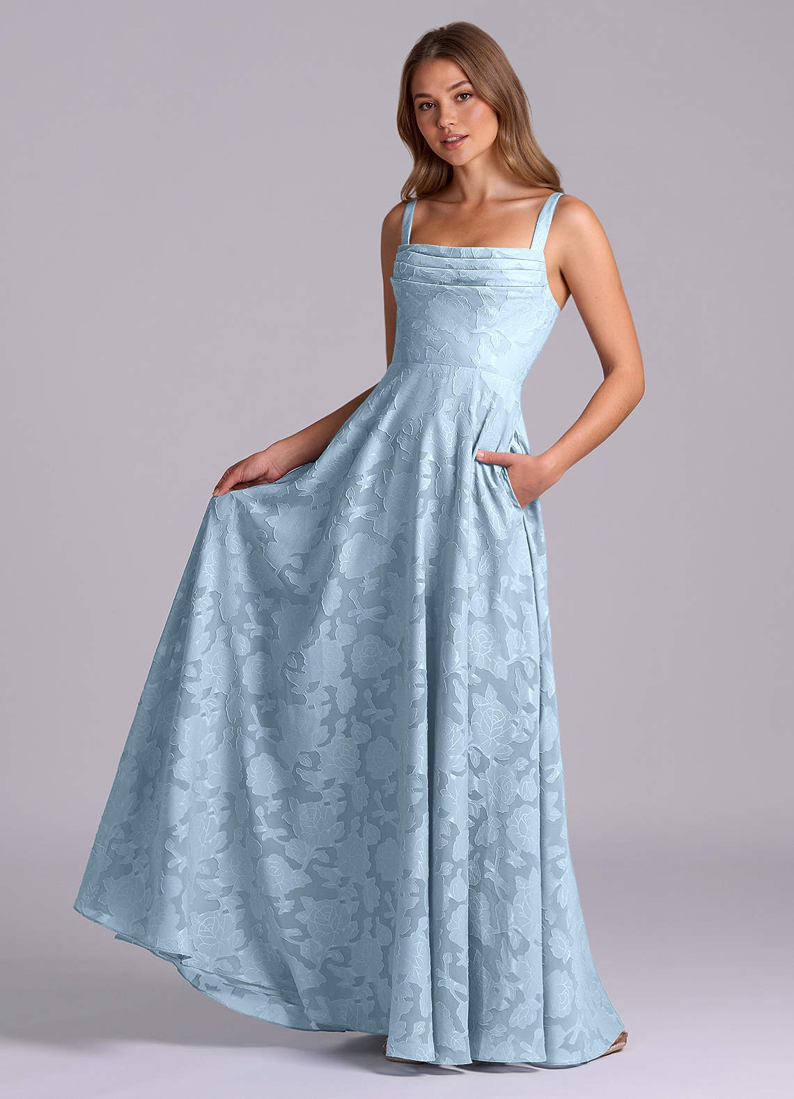 Azazie Shaude Bridesmaid Dresses Sky Blue A-Line Pleated Floral Burnout Dress image4