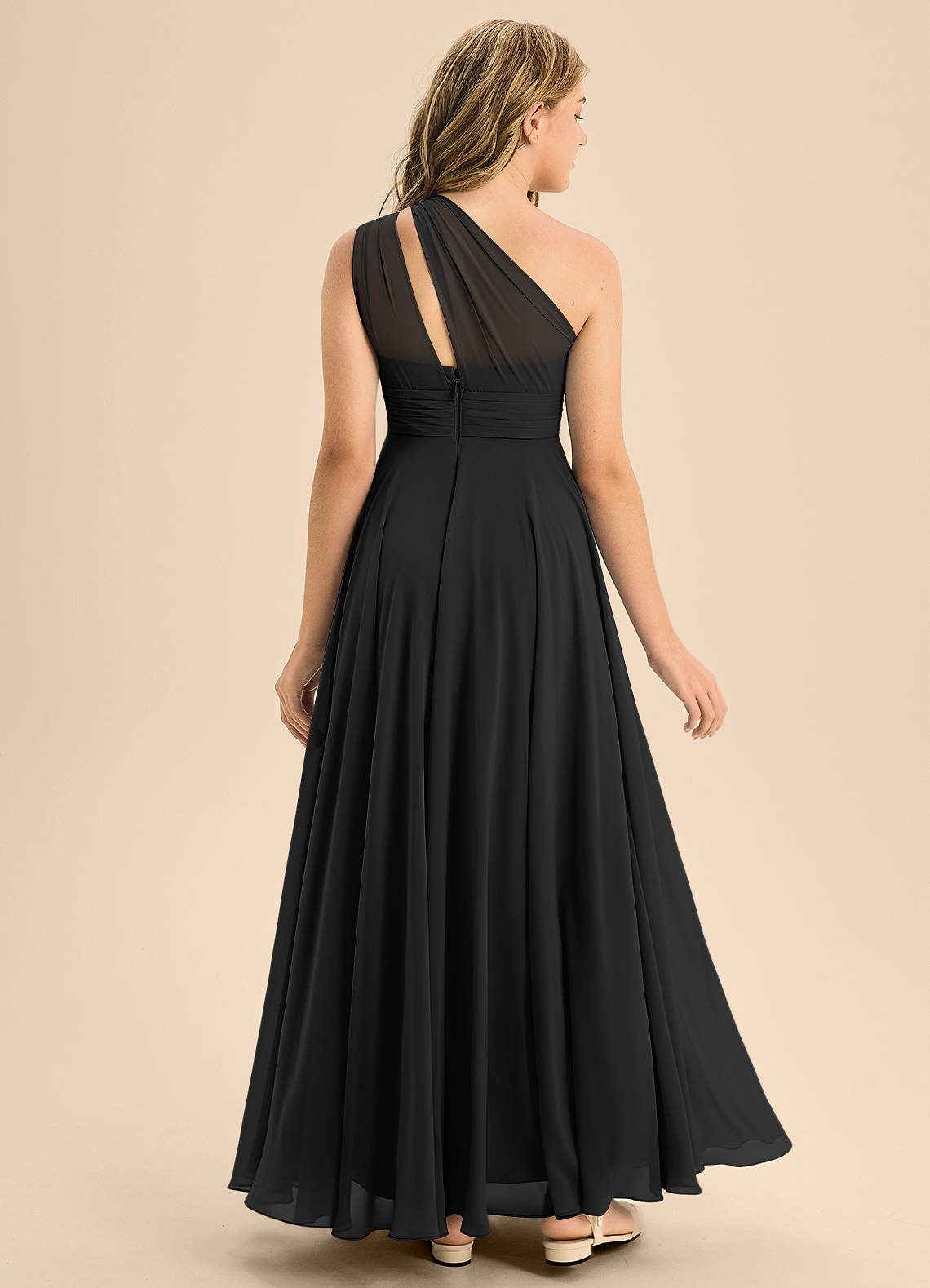 Azazie Charlize Junior Black A-Line Pleated Chiffon Dress image1