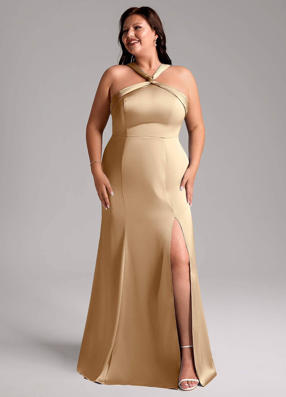 Azazie Rue Bridesmaid Dresses Champagne Mermaid Pleated Stretch Satin Dress image9