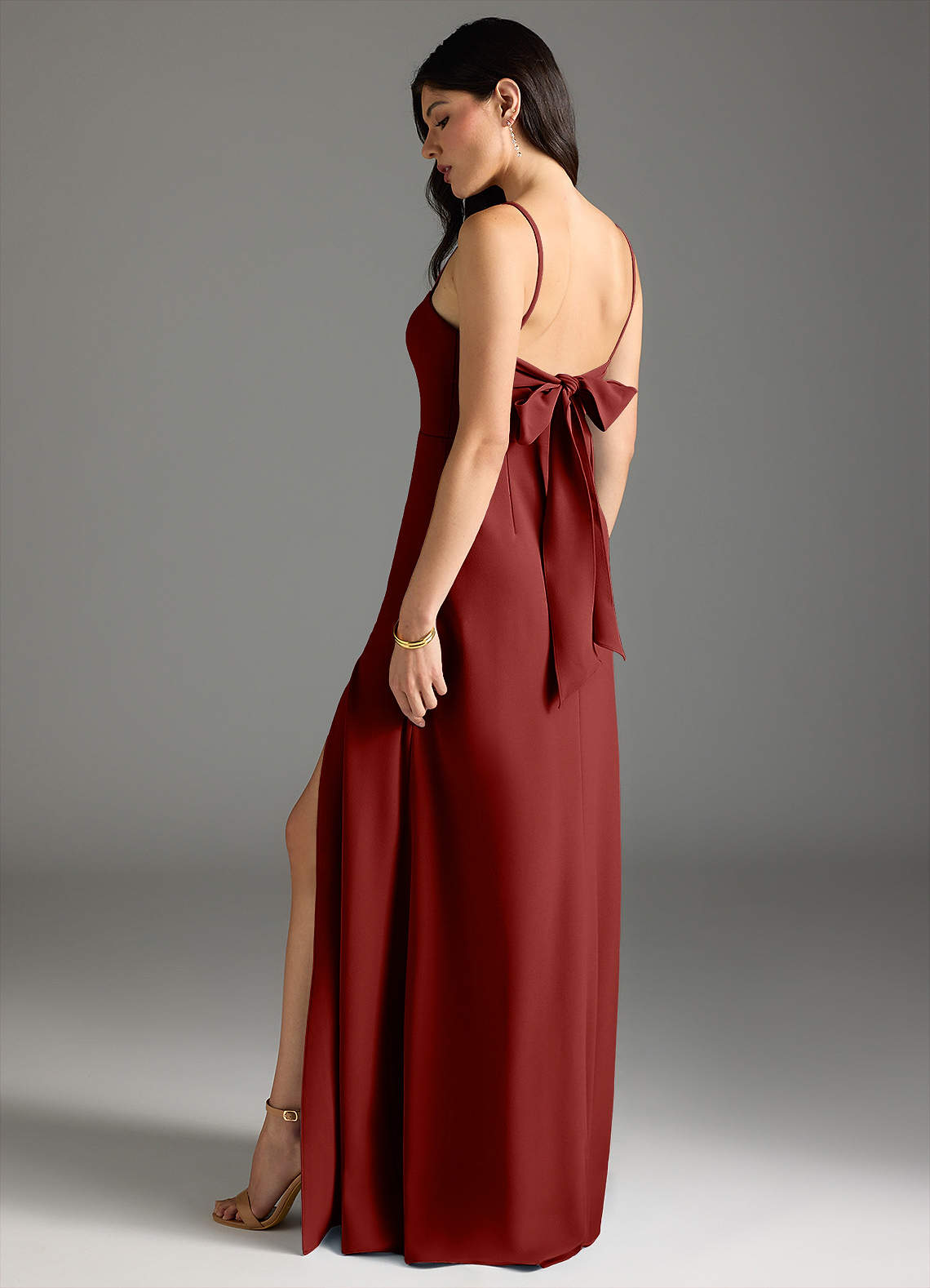 Azazie Melia Robes de demoiselle d'honneur Robe Trapèze en Crêpe Élastique Arc Terracotta image1