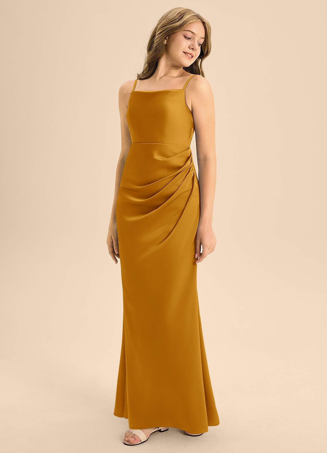 Azazie Renna Junior Butterscotch A-Line Pleated Stretch Satin Dress image1