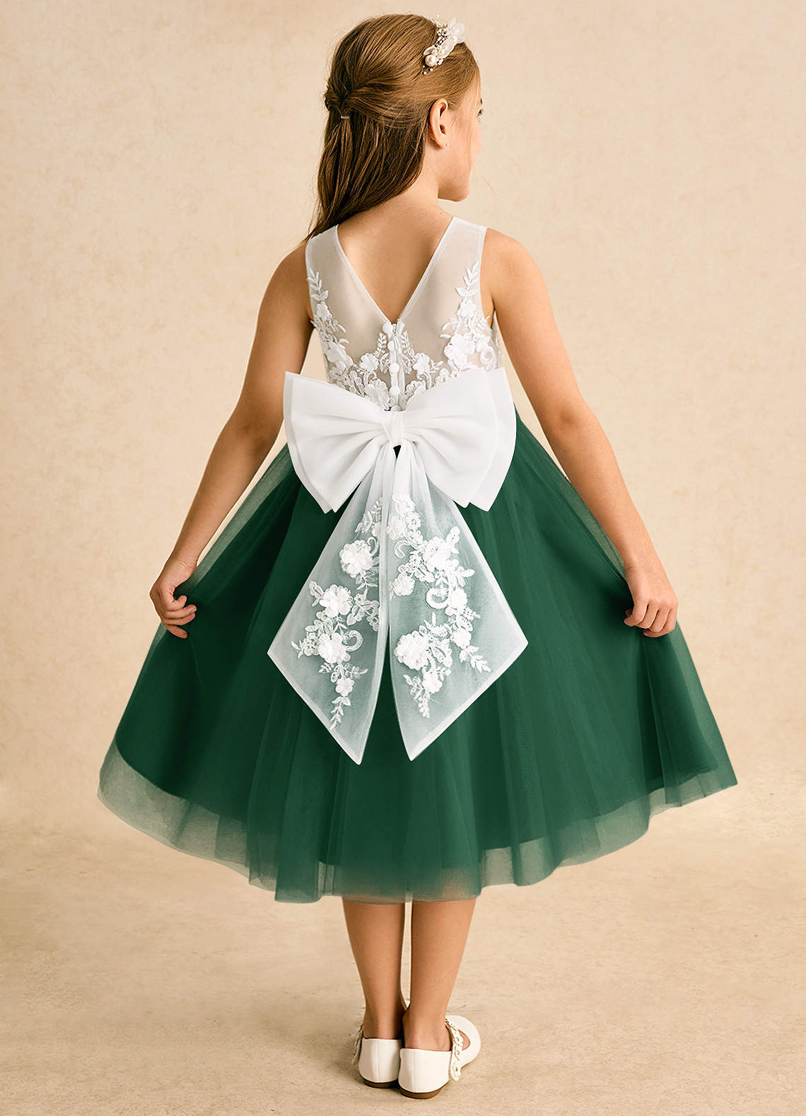 Azazie Lina Flower Girl Dresses Ivory Dark Green Ball-Gown Lace Dress image1