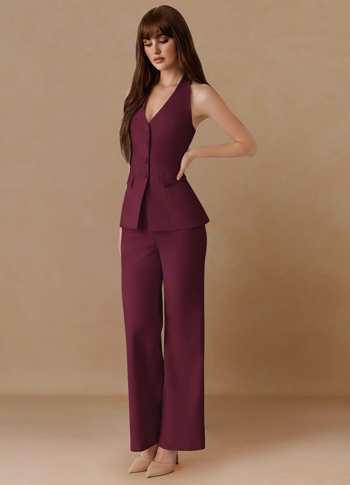 front Liora Burgundy Refined Weave Tailored Waistcoat