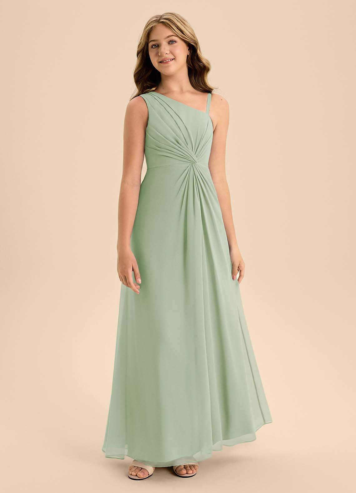 Azazie Brooke Junior Robe Trapèze en Mousseline de soie Fente Latérale Vert Sauge image4