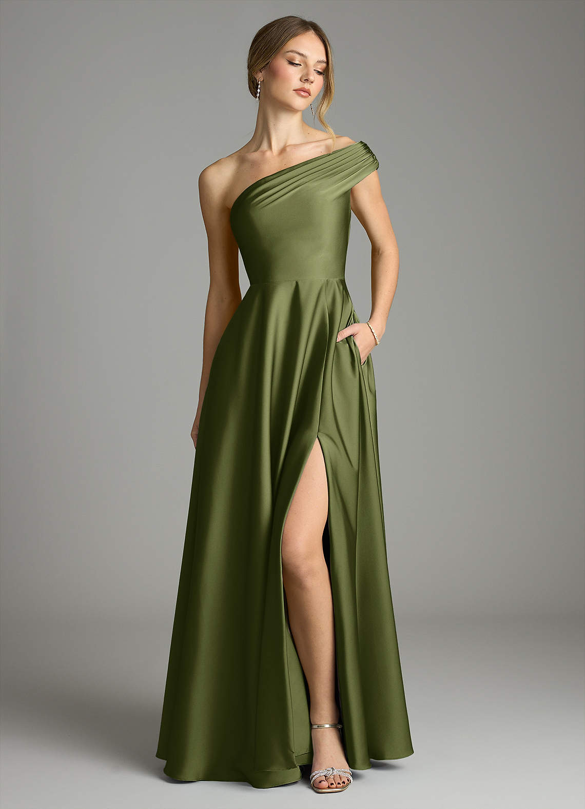 Azazie Melanie Olive Stretch Satin Bridesmaid Dresses | Azazie