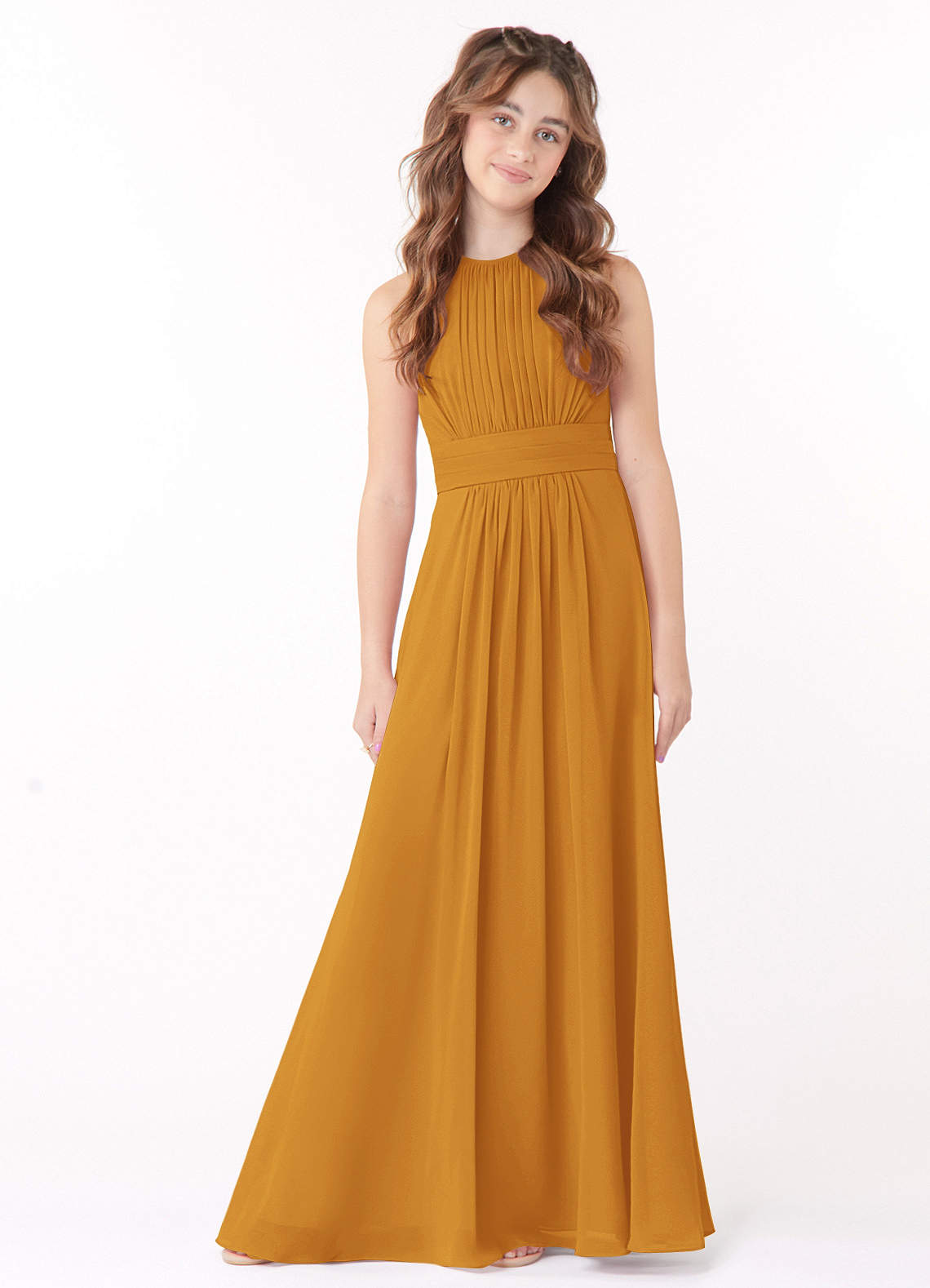 Azazie Bonnie Junior Butterscotch A-Line Pleated Chiffon Dress image1