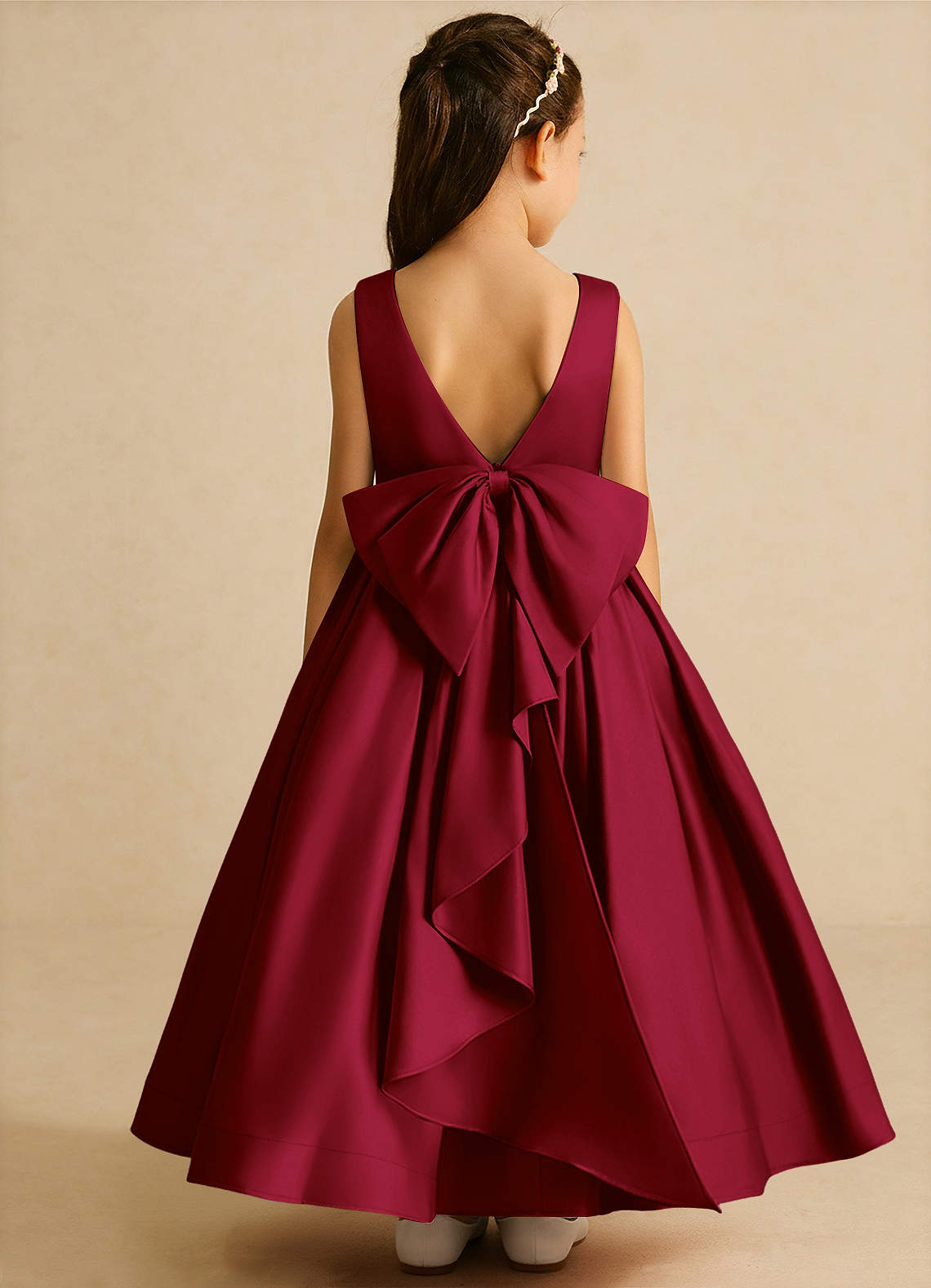 Azazie Cailee Flower Girl Dresses Burgundy Ball-Gown Pleated Matte Satin Dress image1