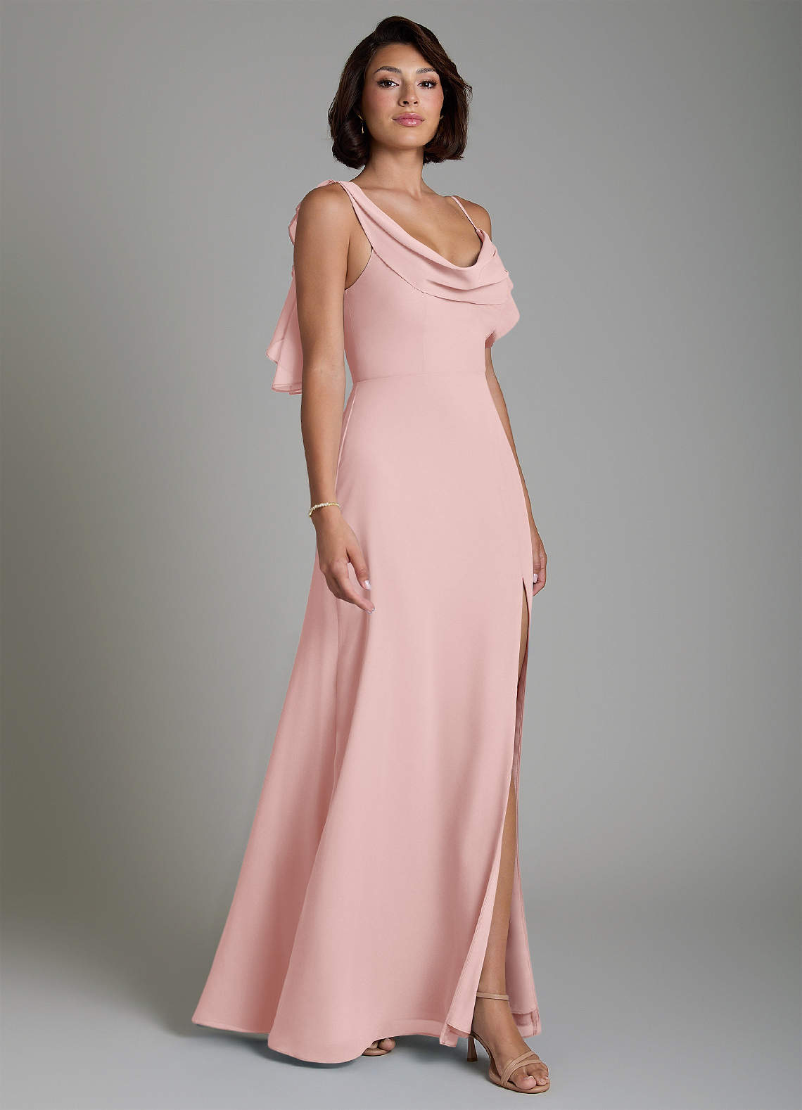 pink bridesmaid dresses under 50 Azazie A-Line Cowl Neck Floor-Length Chiffon Shoulder